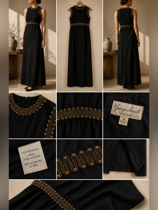 George Small New York Dresses & Skirts - Vintage 1970s George Small New York Black Maxi Column Gown w/ Gold Soutache Trim